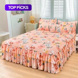 floral print ruffled edge bed skirt set, 3 counts/set bed skirt & pillowcase without filler, versatile use bed sheet sets, christmas decor soft comfortable breathable bedding set for home bedroom, bedding set, floral quilt set, floral print design