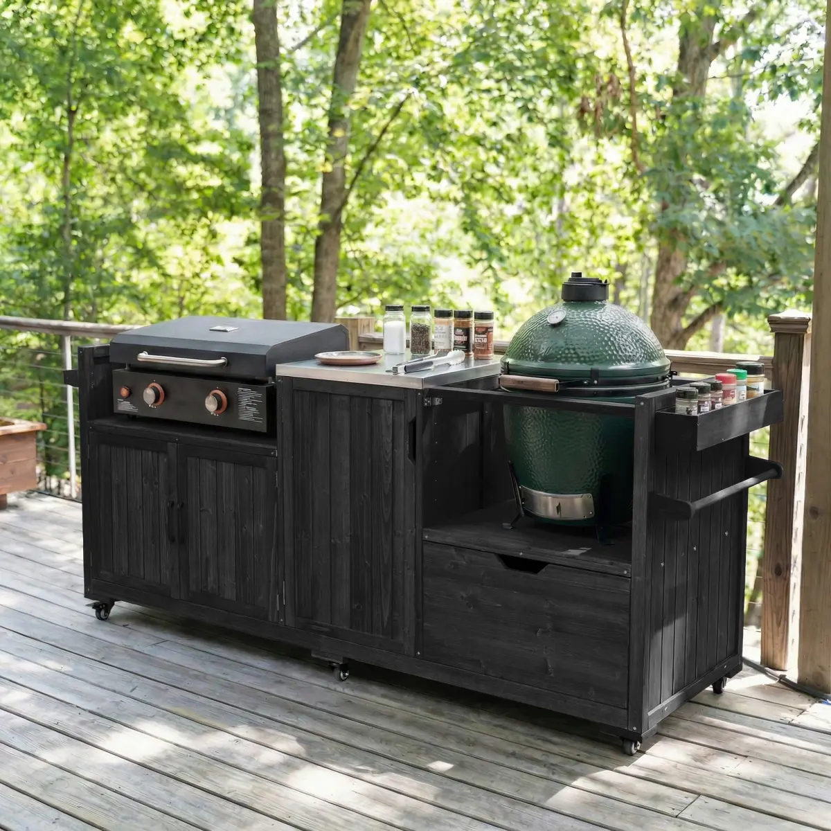AobtkelK&K 80.5" Outdoor Kitchen Island for Big Green Egg& Blackstone Griddle, Solid Wood Grill Cart Table with Stainless Steel Top, Drawer for Large Big Green Egg and 21"/28" Blackstone Griddle, Black   WL