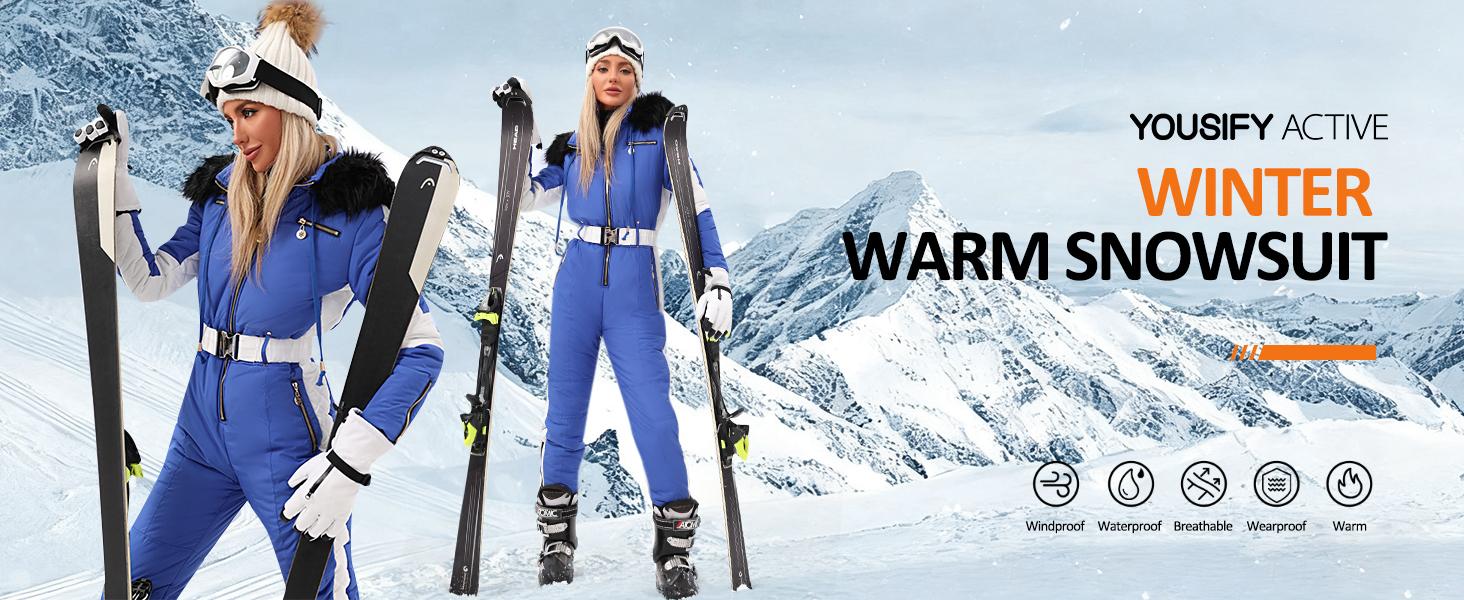 Yousify Womens Snow Suits Winter Ski Suit Onesie Outdoor Sports Waterproof Snowsuit Removable Faux Fur Collar Coat Jumpsuit