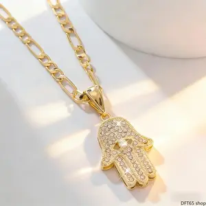 14K Gold Filled Hamsa Hand Pendant Necklace Inlaid With Polished Zircon Evil Eye Detail Slim Figaro Chain Hypoallergenic Protective Amulet For Women Daily Elegant Stackable Lucky Fashion Jewelry