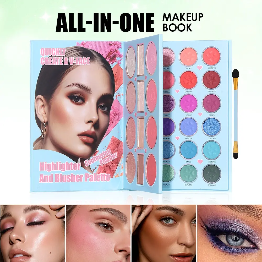 Cheek and Eye Makeup Palette Set, Eyeshadow and Blush, Fluorescent Pen and Contour Powder, Neon Eyeshadow, Dual-Ended Brush Included