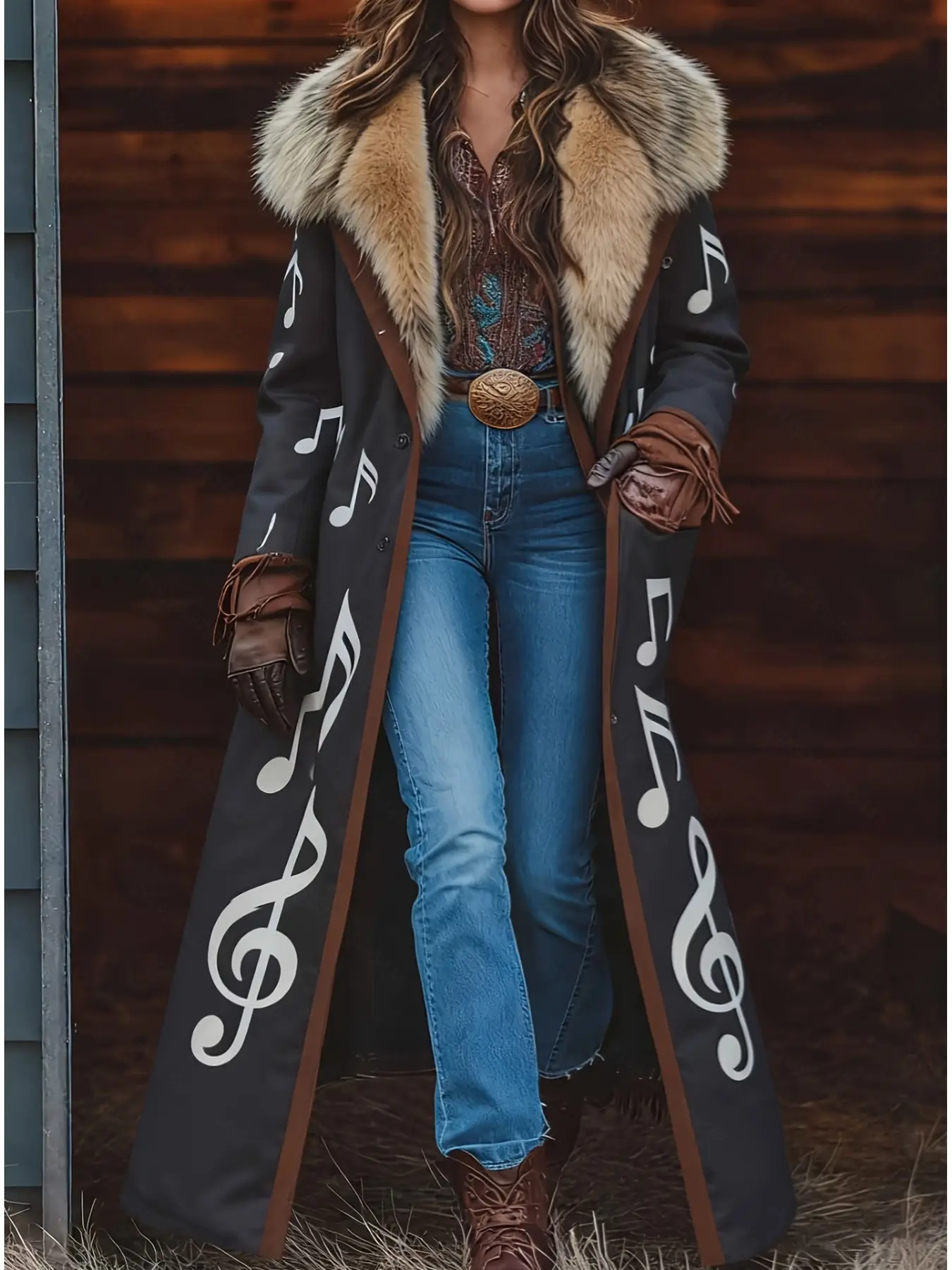 Women's Western Long Coat, Faux Shearling Fur Collar Sherpa Lined Cowgirl Jacket, Warm Vintage Ranch Style Winter Outerwear for Women