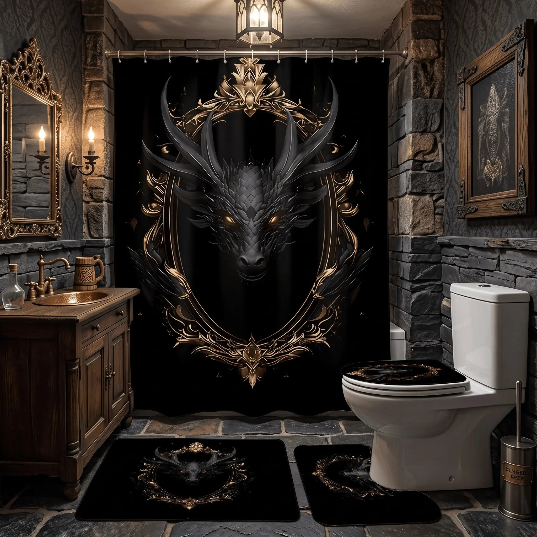 4pcs Gothic Dragon Bathroom Set with Shower Curtain, Nonslip Rugs, Toilet Lid Cover, U-Shaped Mat, The floor mat fabric is thicker and softer! Halloween Party Decor
