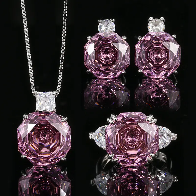 Loveden Pink Octagonal Rose Cut Crystal Jewelry Set For Women, Silver Plated Pendant Necklace Stud Earrings Ring, Large Sparkly Pink Zircon Matching Jewelry Kit, Elegant Luxury Accessory For Wedding Banquet Party Anniversary Birthday Holiday Gift For Her