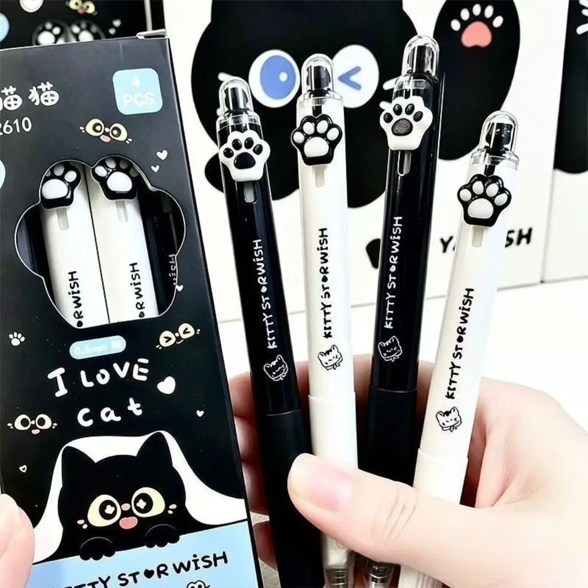 4-Pack Cat Paw Push-Button Neutral Pens, 0.5mm Ink, Quick-Dry Smooth Writing, Cute 3D Cat Design, Ideal for Students and Office Use, Pen Set