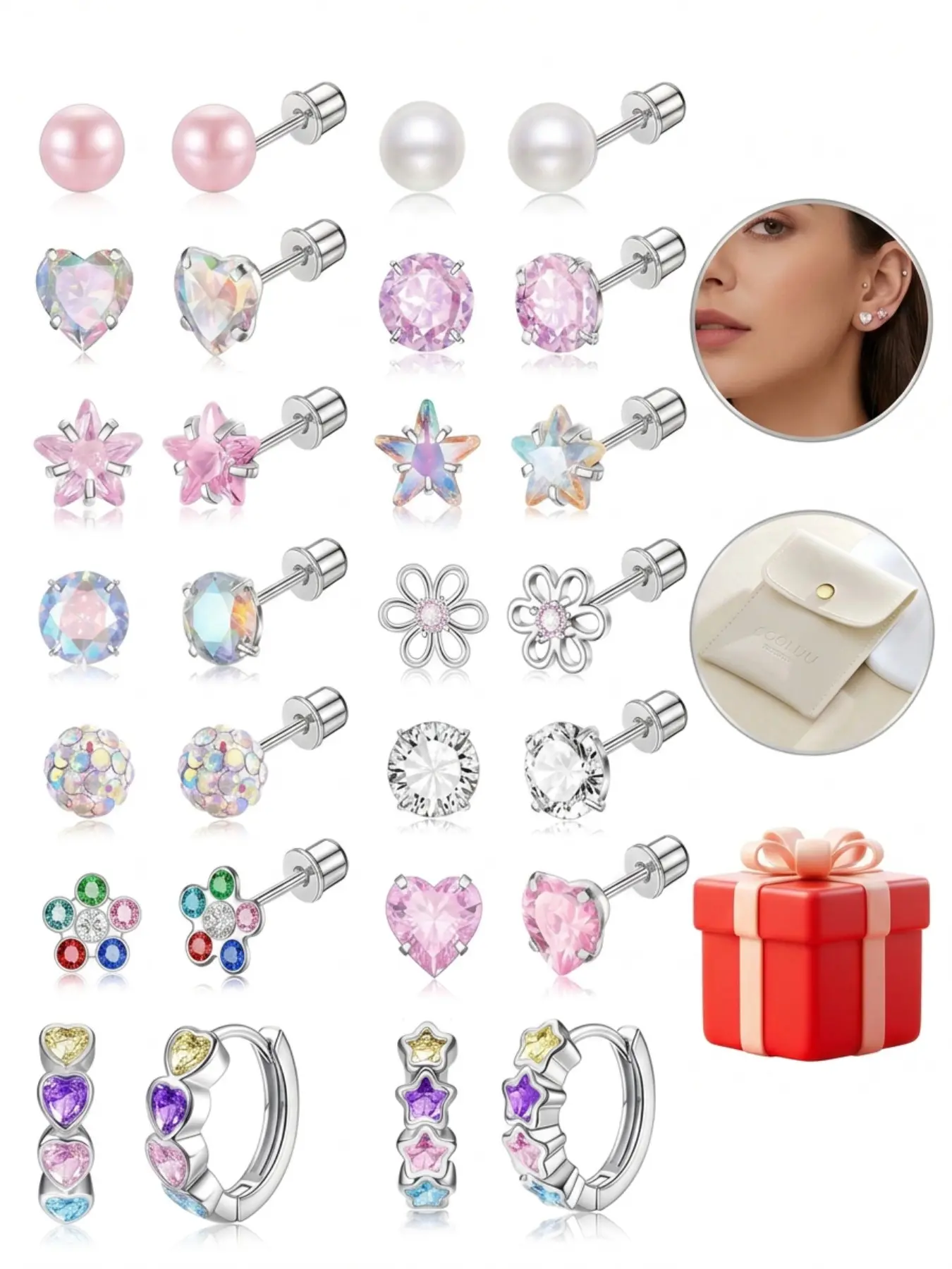 PHRUKAR 14 Pairs Small Stud Earrings for Girls Flat Screw Back Hypoallergenic Earrings Inlaid Cubic Zirconia Earring Surgical Stainless Studs Tiny Cartilage Earrings for Women Girls Stud Earring Sets