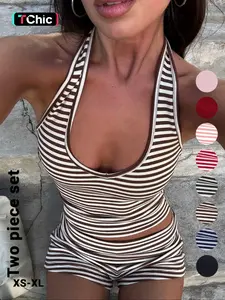 Women's Casual Striped Halter Neck Crop Top & Shorts Set, Summer Fitted Two-Piece, Stretchy Outfit Sets, Regular Length, Moderate Fabric Thickness