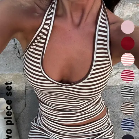 Women's Casual Striped Halter Neck Sleeveless Crop Top & Shorts Set, Summer Fitted Two-Piece, Regular Length, Moderate Fabric Thickness Pants, Clothes #GLOBAL PICKS