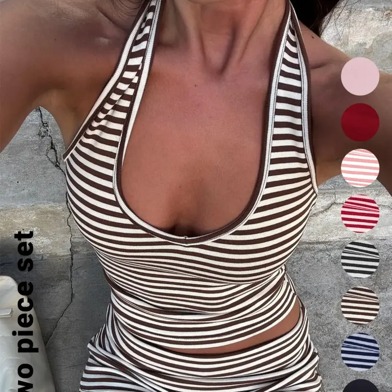Women's Casual Striped Halter Neck Sleeveless Crop Top & Shorts Set, Summer Fitted Two-Piece, Regular Length, Moderate Fabric Thickness Pants, Clothes #GLOBAL PICKS