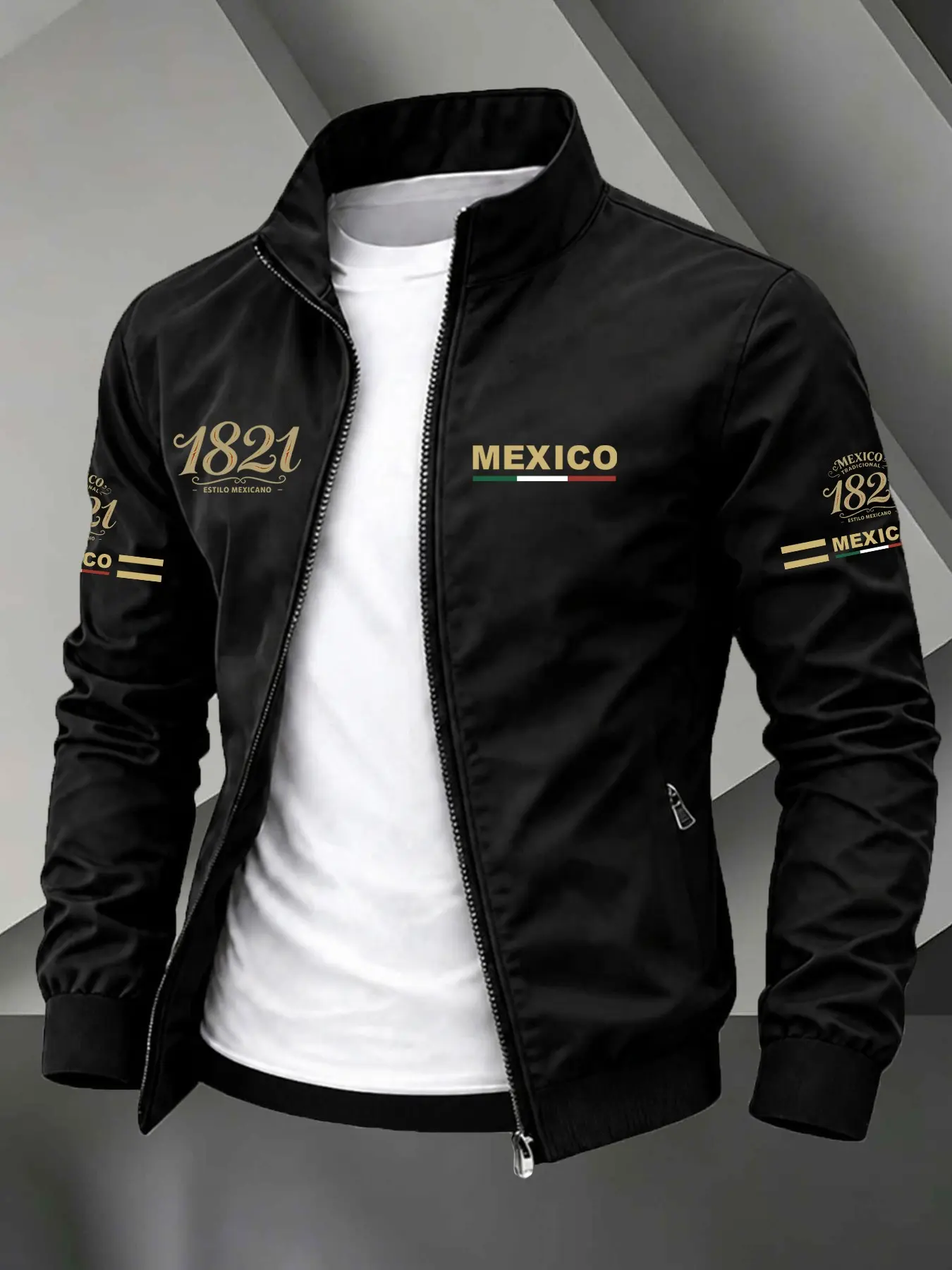 Stand Collar Zip Up Lightweight Jacket, Fashionable Jacket, Multi-Side Mexico 1821 Flag Letter Print Elastic Cuff Casual Mexican Heritage Outdoor Streetwear Coat