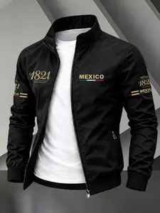 Stand Collar Zip Up Lightweight Jacket, Fashionable Jacket, Multi-Side Mexico 1821 Flag Letter Print Elastic Cuff Casual Mexican Heritage Outdoor Streetwear Coat