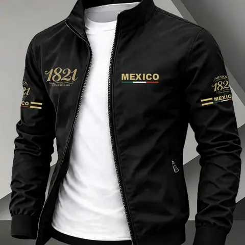 Stand Collar Zip-Up Lightweight Jacket with Elastic Cuffs, Mexico 1821 Flag Letter Print, Casual Mexican Heritage Streetwear for Outdoor, Casual Collared Outerwear