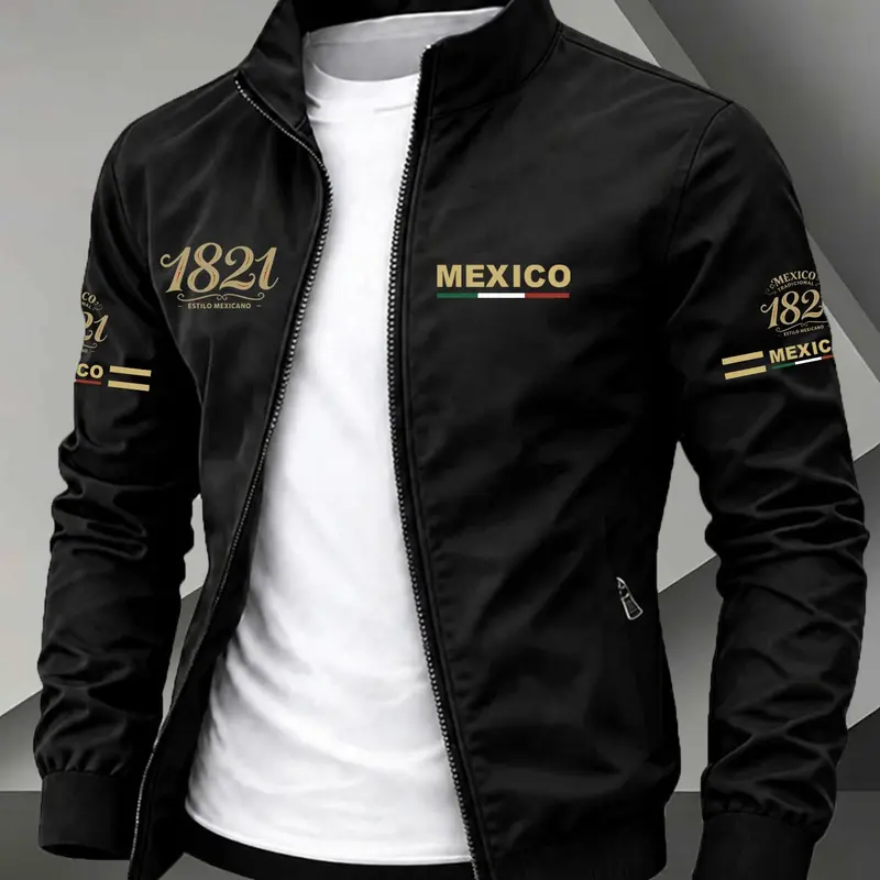 Stand Collar Zip-Up Lightweight Jacket with Elastic Cuffs, Mexico 1821 Flag Letter Print, Casual Mexican Heritage Streetwear for Outdoor, Casual Collared Outerwear