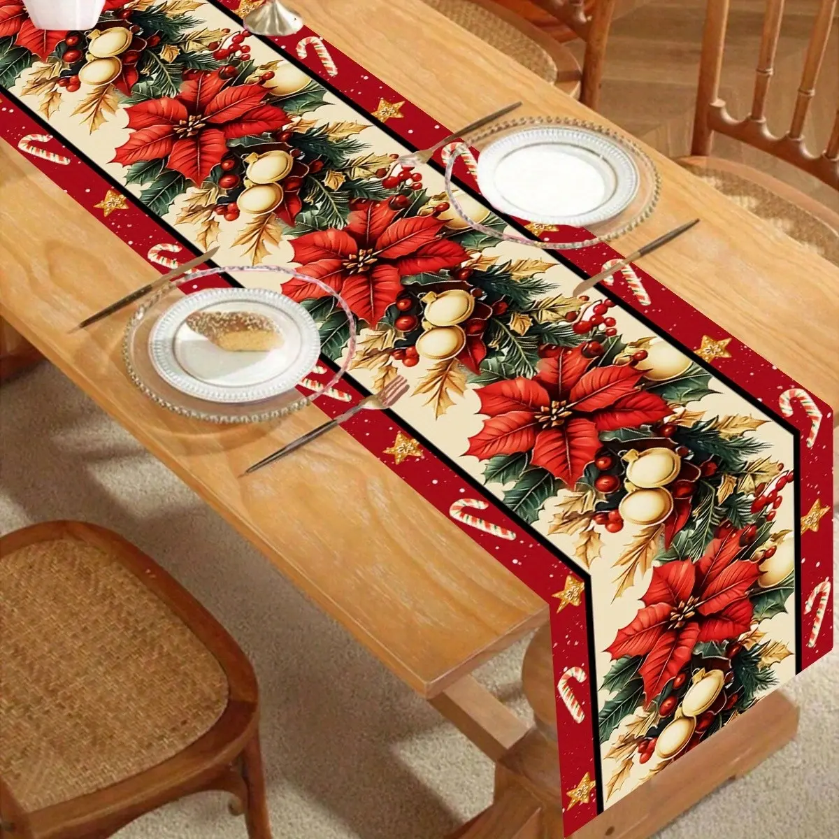 Christmas Tablecloth, Candle Holder Holly Gold Christmas Flowers Bell Gold Edge Long Table Runner, Festive Holiday Decorations