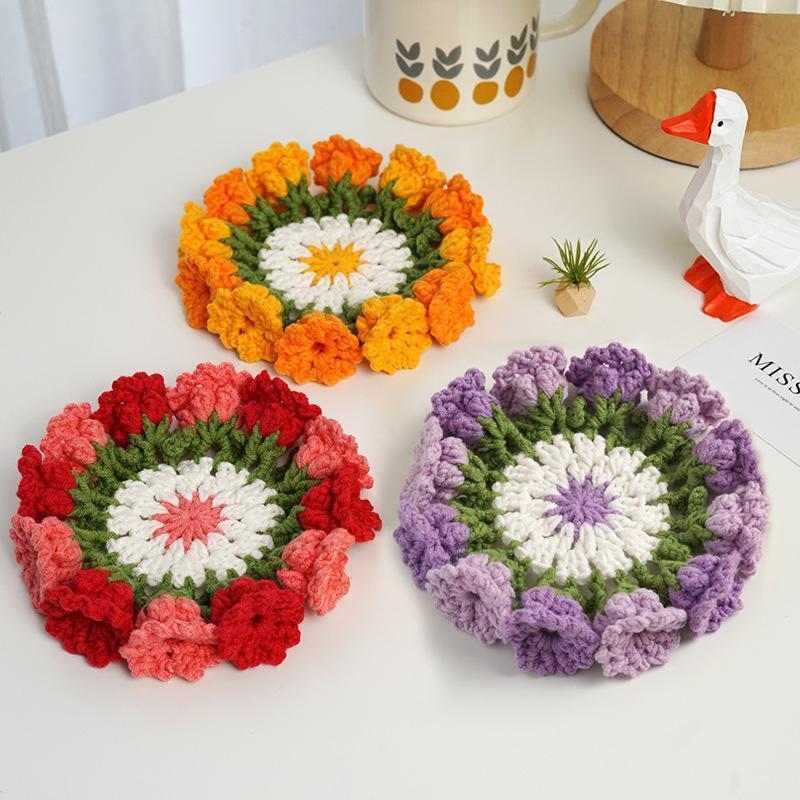 Rose Crochet Coasters with Plant Pot Handmade Knitted Flower Bouquet Coaster Coffee Table Cupmat Placemat Home Office Decor