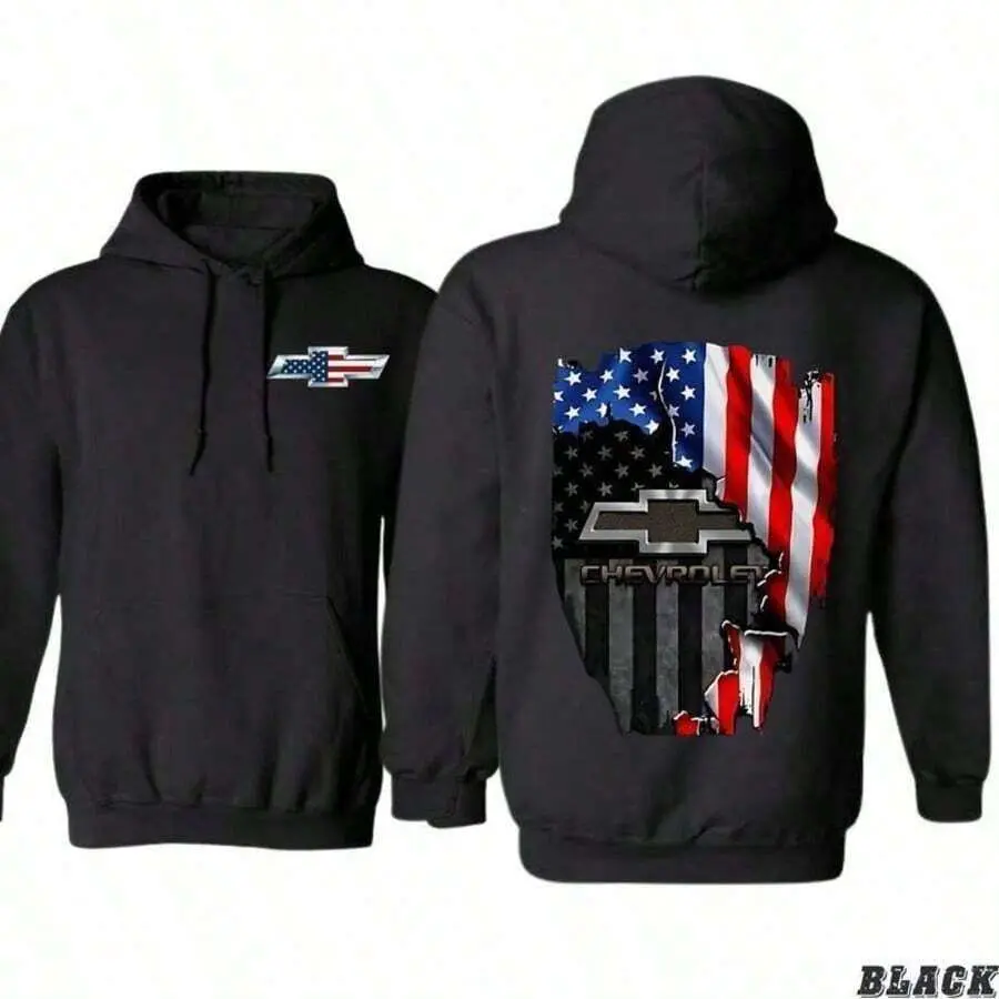 Chevy American Flag Hoodie Patriotic Chevrolet Emblem Pullover Graphic Sweatshirt Vintage 2000s Streetwear Hoodie For Truck Lovers Men Women Casual Fall Winter Outfits Game Day Apparel Durable Daily Wear Vacation Fits Gift For Proud American Classic