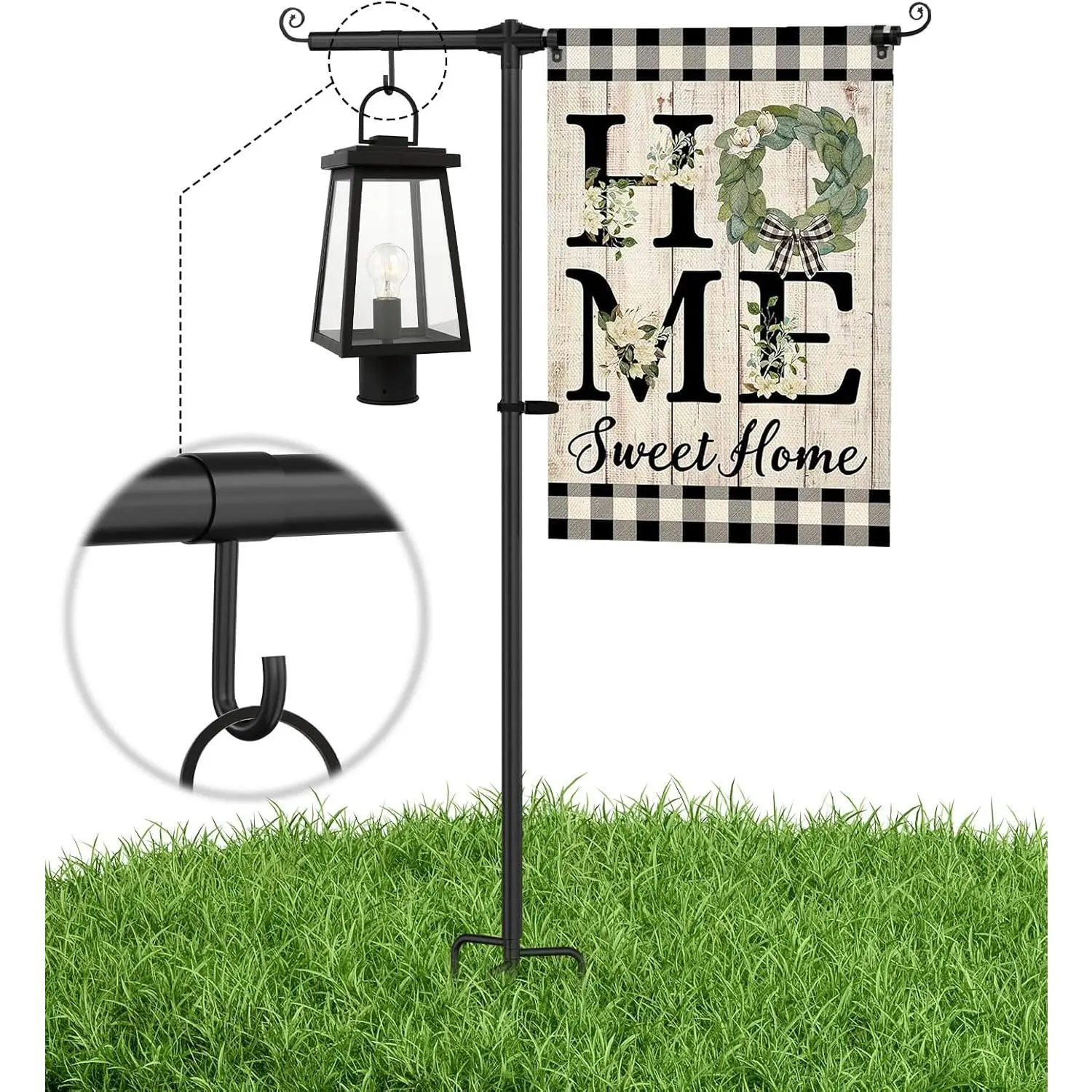 Garden Flag Stand Holder with Shepherd Hooks for 12 x 18 Flag, 51 Inch Height with 3/4 Inch Extra Thick Heavy Duty Garden Flag Pole with 4 Prong Base for Outside  Yard Patio Decor