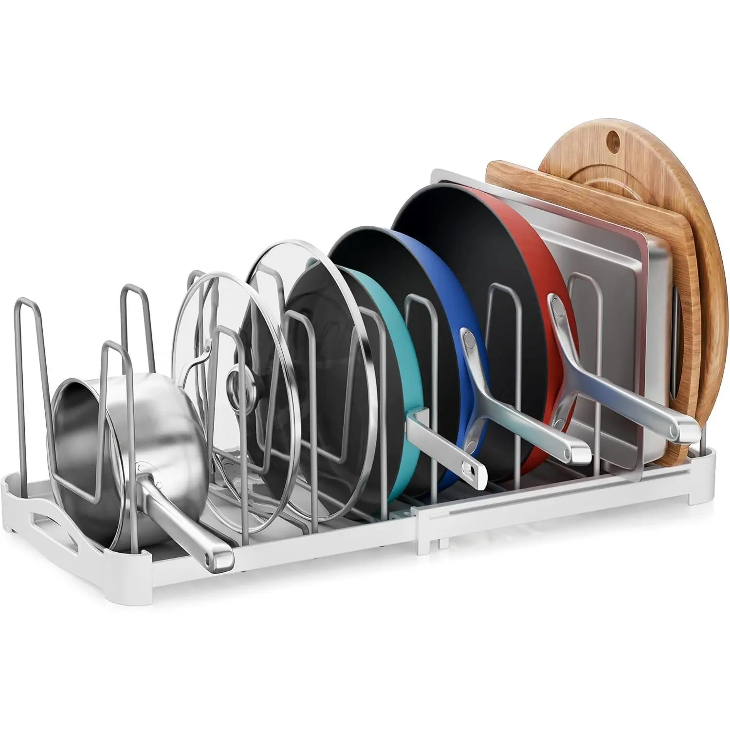Adjustable Bakeware Organizer Pot Lid Holder Rack for Pots, Cake Molds, Cutting Boards, Mats, Cookware, GS02SS, 7.7'' Deep by 12.6'' to 21.5'' Wide