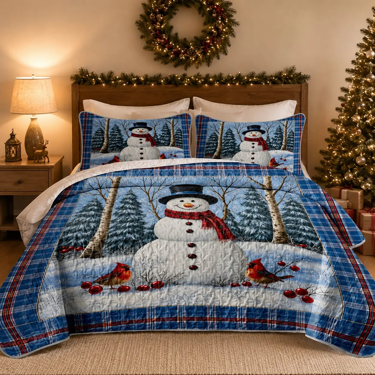 3Pcs Christmas Snowman Cardinal Snowy Forest Plaid Print Quilted Bedspread Set, Farmhouse Winter Coverlet with 1 Bedspread & 2 Pillow Shams, Lightweight Soft Breathable Fade Resistant Bedding, Printed Bedding Set, Queen/King Size, Holiday Bedroom Decor