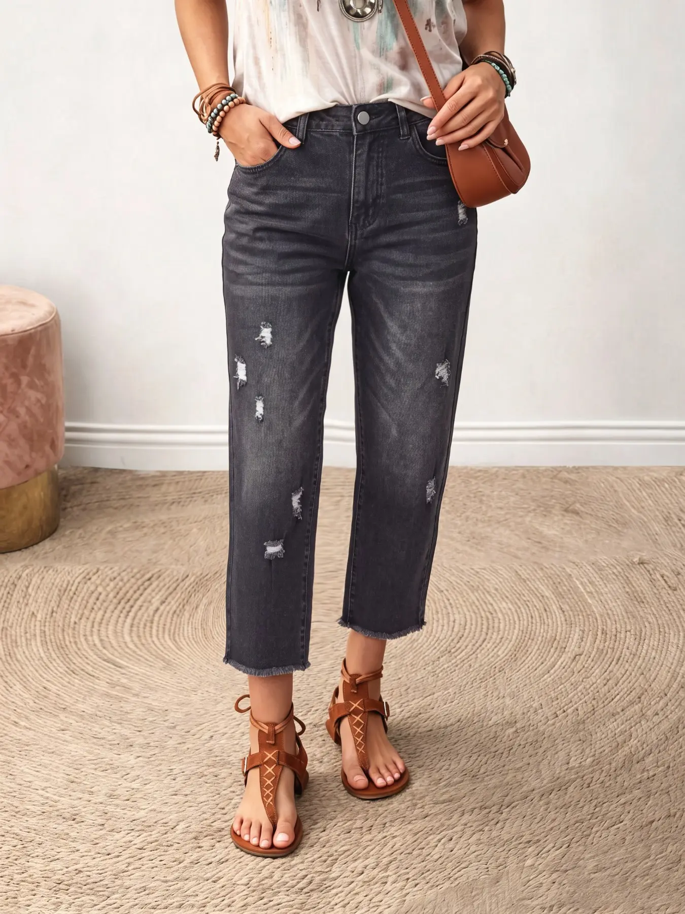 Vintage Charcoal High-Waisted 8-Panel Jeans, Faded Holes, Soft Denim, Boho Streetwear, Perfect for All Seasons