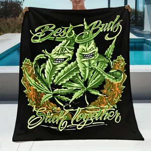 1pc Best Buds Suck Together Leaf Joint Design Fleece Blanket |   Soft Warm Cozy Flannel Throw for Adults, All-Season Use at Home, Camping, Bed, Green Weed Pattern, Machine Washable, Contemporary Style Gift for Culture Fans