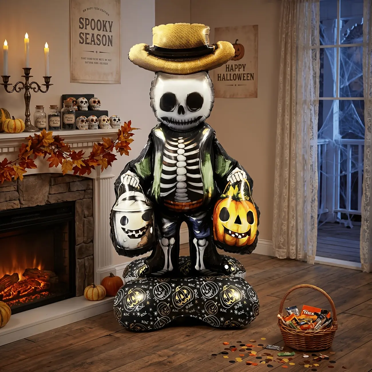 Standing 3D Skeleton Foil Balloon for Halloween, Self-Standing Inflatable Mylar Balloon with Pumpkin & Ghost Bucket Design, Spooky Home, Fireplace & Party Decor, Perfect Halloween Photo Prop