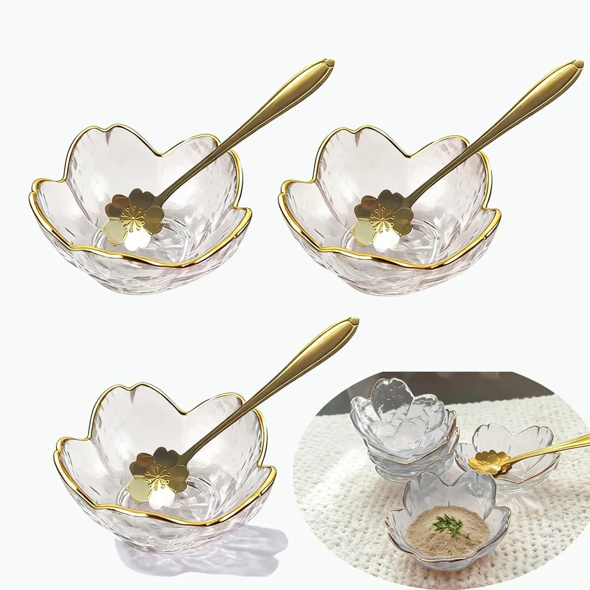 3 Clear Glass  Dishes with  Trim, 3.3" Glass Cherry Blossom Dipping Bowls with 3 Metal Spoons, Small Condiment Dishes for Soy Sauce, Sushi, Snacks, and Party Appetizers