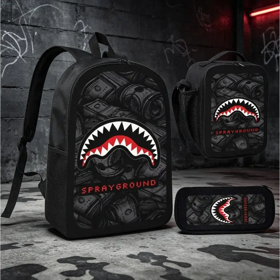 Shark 3 Piece Backpack Set Polyester Backpack Lunch Bag Pencil Case Large Capacity Lightweight Breathable Cartoon Gaming Bookbag Back To School Travel Daily Use For Kids Boys Girls Teens Students