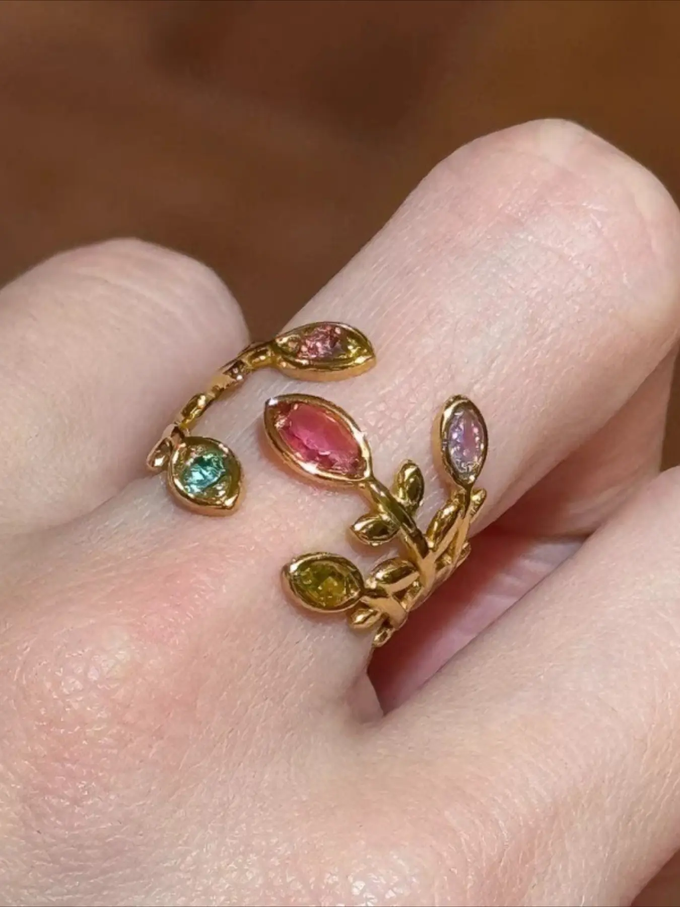 The Ultimate Multi-Color Marquise Cubic Zirconia Leaf Branch Open Gold Ring Vintage Nature Inspired Adjustable Vine Statement Ring Cottagecore Premium Gift for Her. Boho Jewelry Boho Style Rings