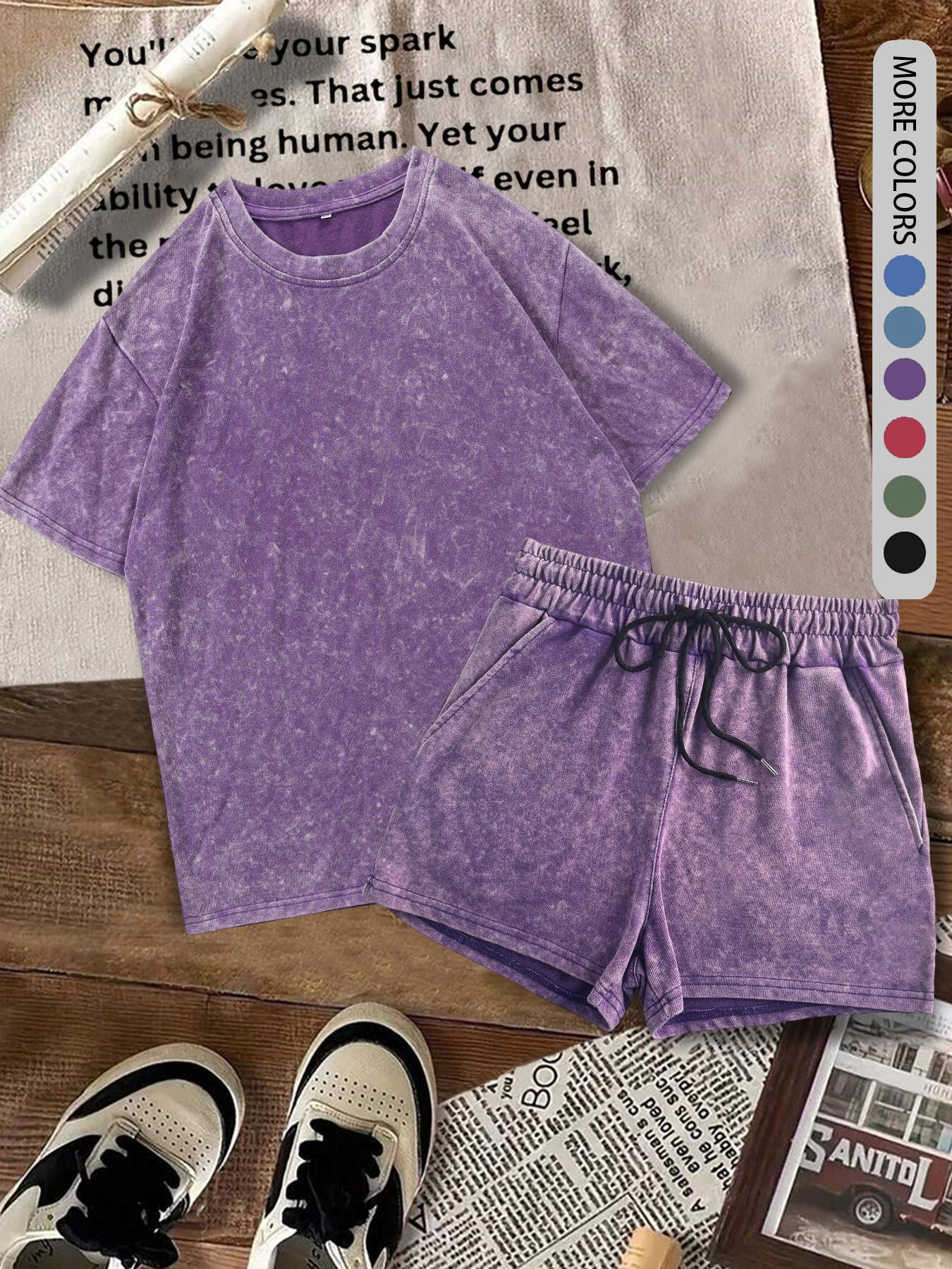 Two-piece Set Women's Solid Color Denim-effect Print Tee & Shorts, Casual Basic Round Neck Short Sleeve T-shirt & Shorts, Ladies Summer Clothes for Daily Wear, Matching Clothing Set Two-piece Set Women's Solid Color Denim-effect Print Tee & Shorts, Casual Basic Round Neck Short Sleeve T-shirt & Shorts, Ladies Summer Clothes for Daily Wear, Matching Clothing Set