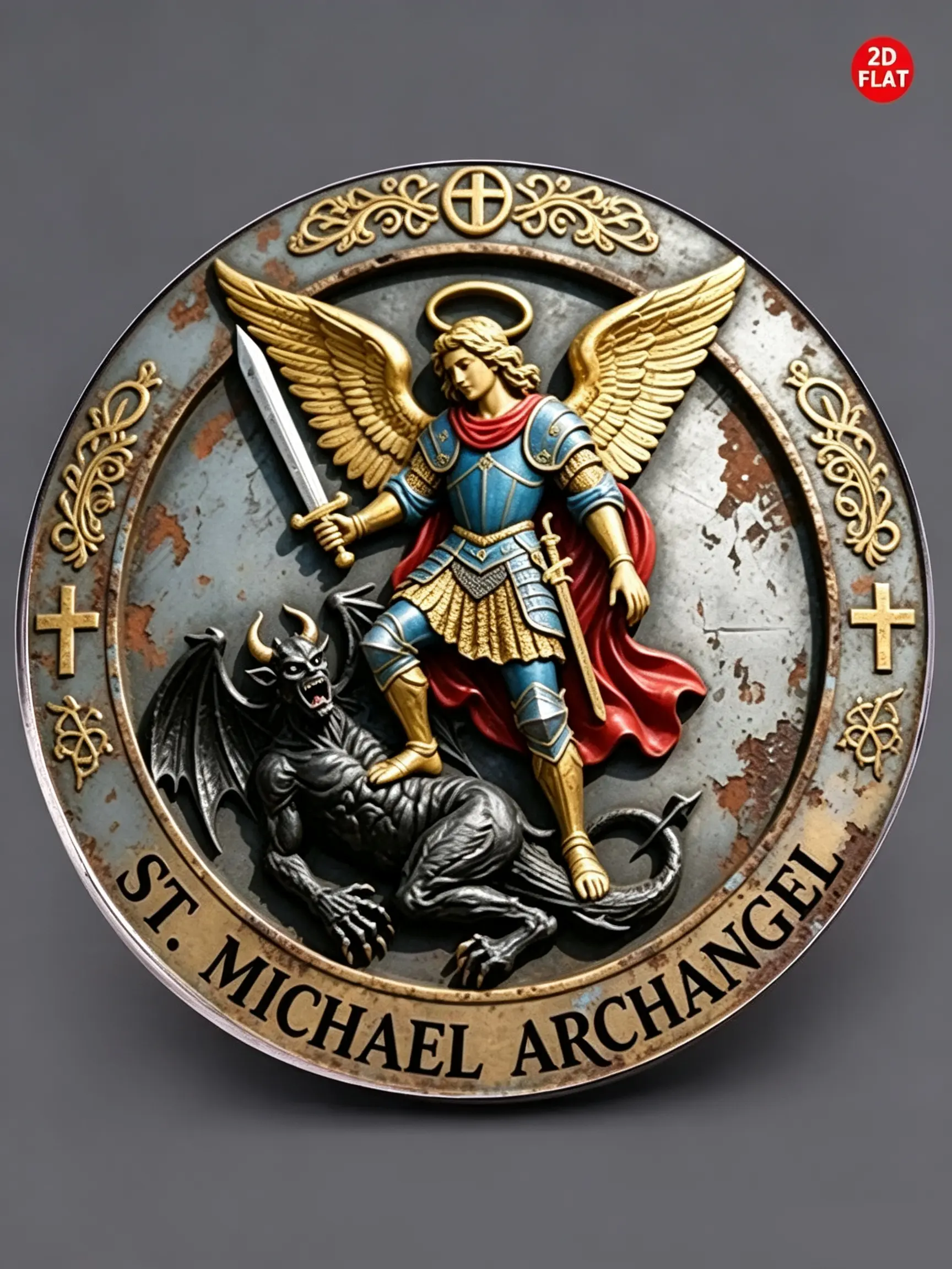 Michael Angel Medal Pin, Medieval Battle Brooch, Religious Badge, Vintage Collectible, Flat Design, for Backpacks, Sweaters, Scarves