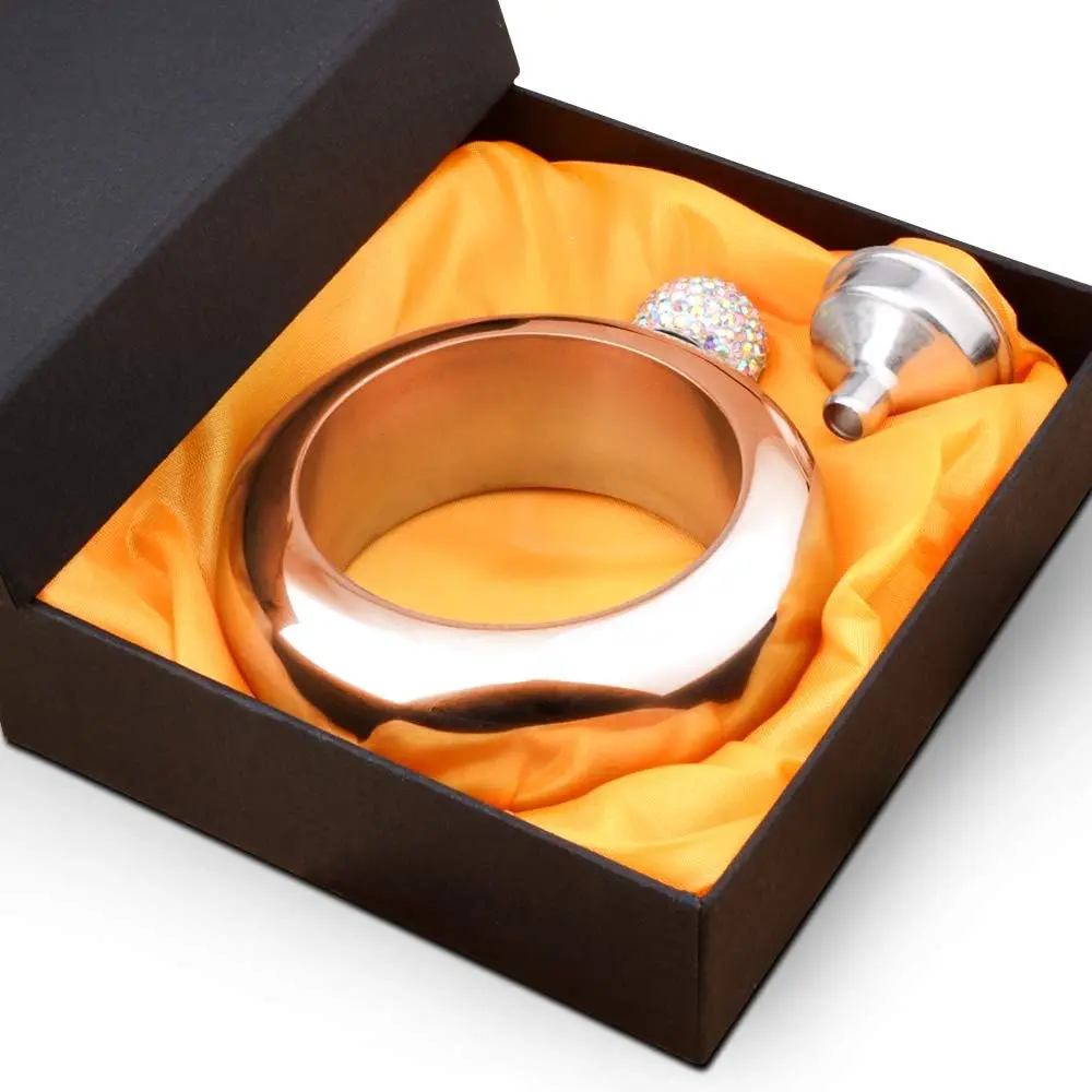 Rose   Rhinestone Lid Bangle Bracelet Flask - 3.5OZ Stainless Steel Wrist  Flask Set With Funnel