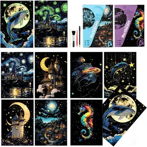 Luminous Rainbow Scratchboard Art Painting Kits for Adults Teens, 8 Sheets A5 Scratch Art Paper with 4 Tools, Fun Creative Craft, Great Toy Gift for Home Decor