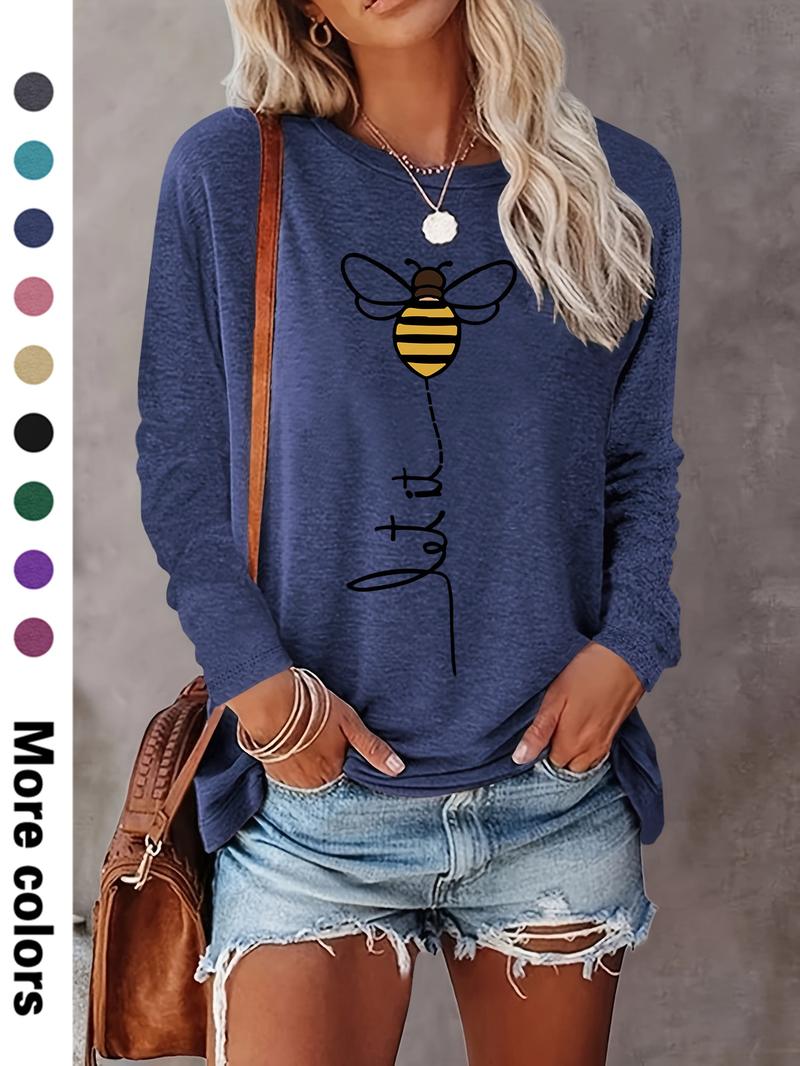 Women's Cartoon Bee Print Round Neck Tee, Casual Chic Long Sleeve Crew Neck T-shirt for Fall & Winter, Women's Top for Daily Wear, Womenswear