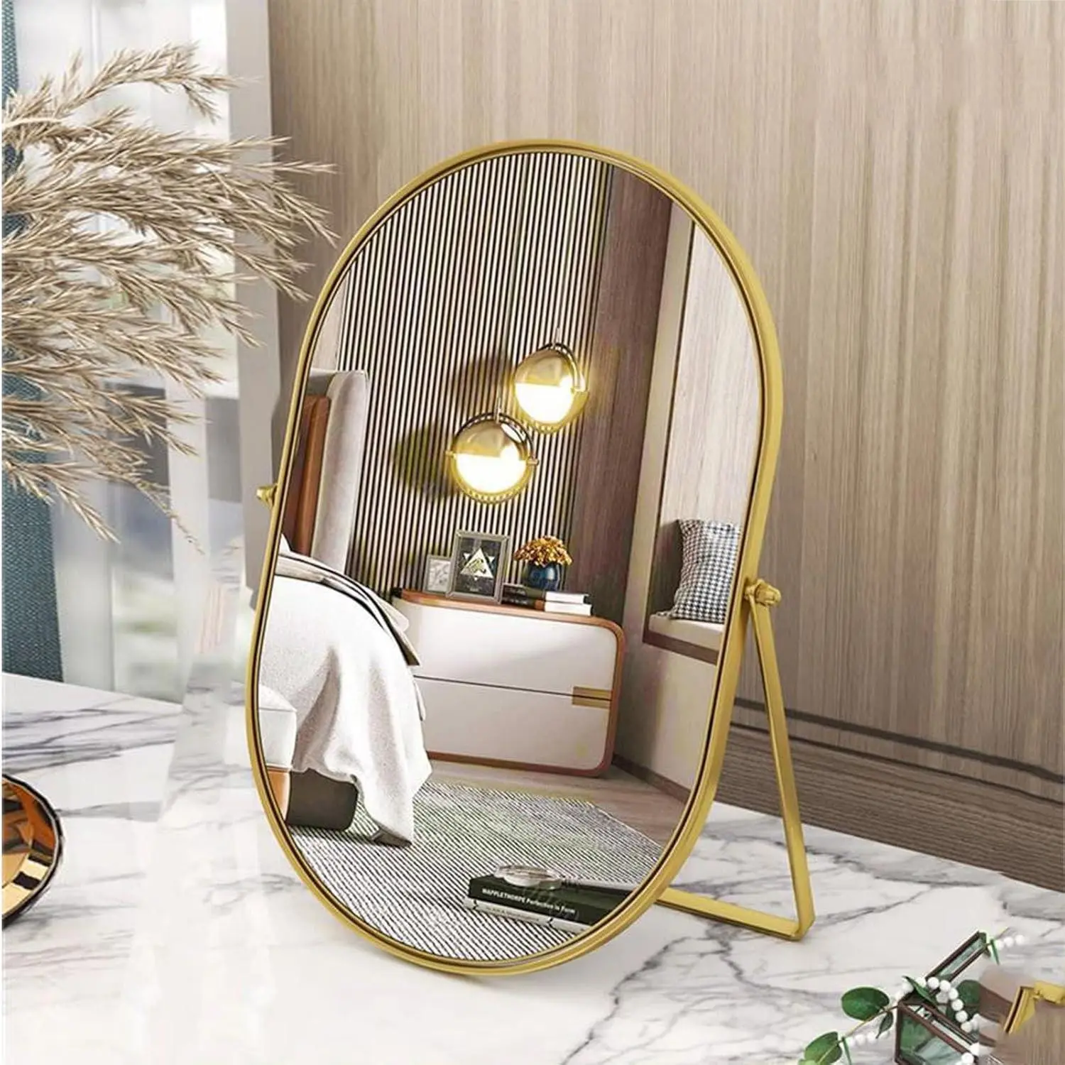 Desk Table Mirror Oval Makeup Mirror 90°Adjustable Rotation Golden Metal Framed Standing Mirrors Room Decor for Living Room,Bedroom,Tabletop,Bathroom