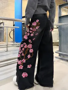 1pc Cherry Blossom Floral Embroidery Jeans, Trendy Ripped Hem Design, Soft Comfortable Fabric, Loose Fit Wide Leg Pants, Bottoms, All Seasons Street Style