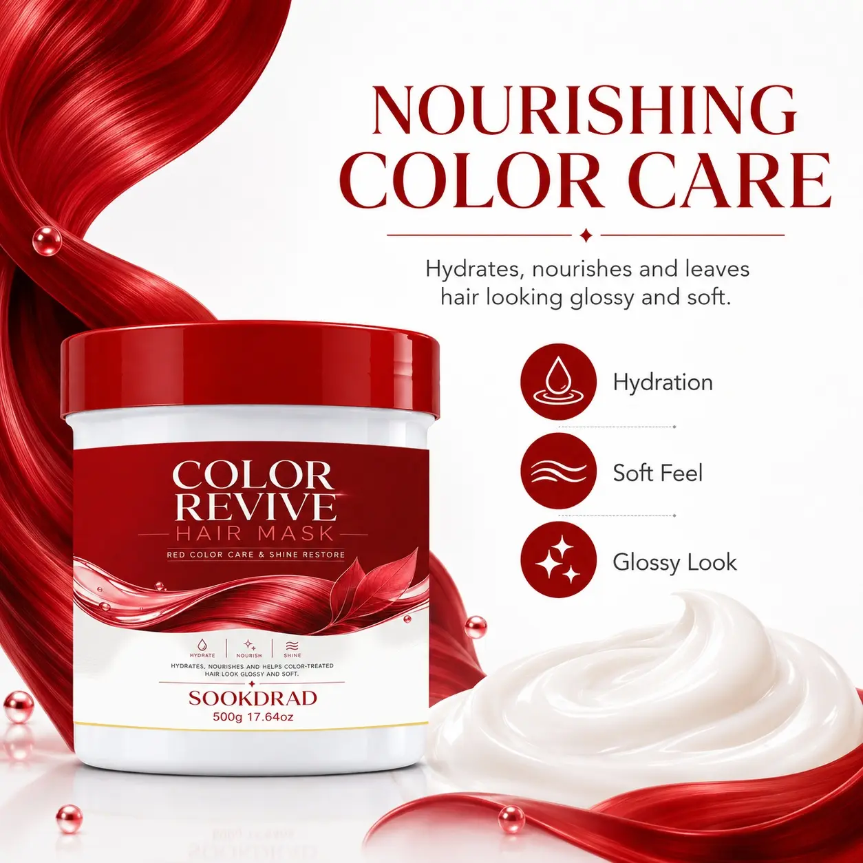 hair mask, red color care, shine restore, hydrate, nourish, for color-treated hair, 500g