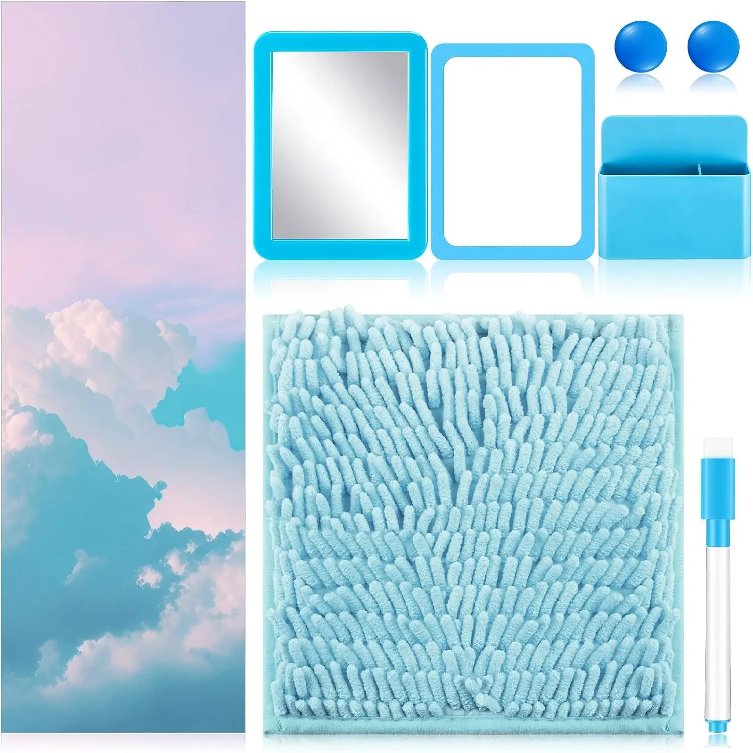 8 Pcs Locker Accessories Kit Magnetic Locker Wallpaper Organizer Mirror Magnet Nails Whiteboard with Dry Erase Marker Set for School Coat Lockers Decorations Supplies(Cloud)