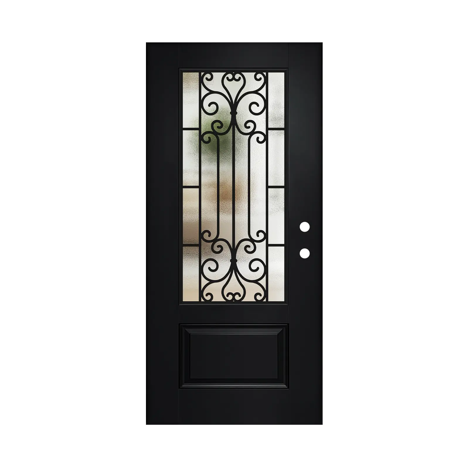 Nokaa 36x80 Linear Textured Fiberglass Entry Door Slab with 3/4 Lite Wrought Iron Glass Low-E Glass Black Left Hand Inswing Modern Front Door for Garden Outdoor Use, Black Color, Fiberglass Material, American Design/Luxury/Modern Style