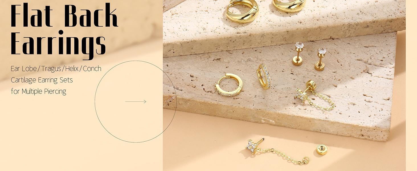 LOLIAS Flat Back Earrings for Women Hypoallergenic Surgical Steel Earrings for Sensitive Ears-20G Cartilage Earring Stacks Gold Hoops Flatback Stud Earring Sets for Multiple Piercing