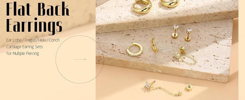 LOLIAS Flat Back Earrings for Women Hypoallergenic Surgical Steel Earrings for Sensitive Ears-20G Cartilage Earring Stacks Gold Hoops Flatback Stud Earring Sets for Multiple Piercing