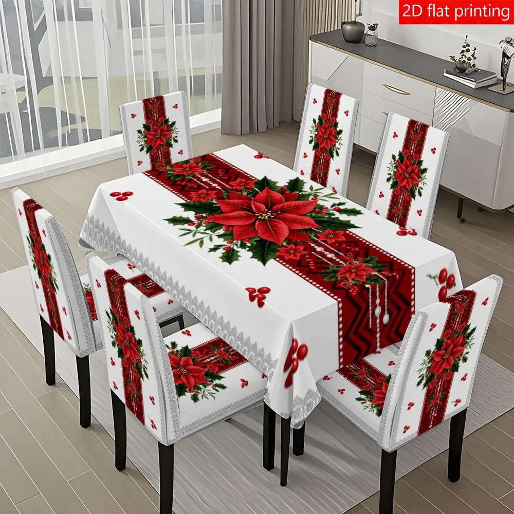 5/7PCS autumn and winter Christmas magenta tablecloth chair cover set (1 tablecloth+4/6 chair covers) 140*210cm, easy to disassemble and wash, suitable for autumn home decoration/kitchen decoration, camping, Home party decorations