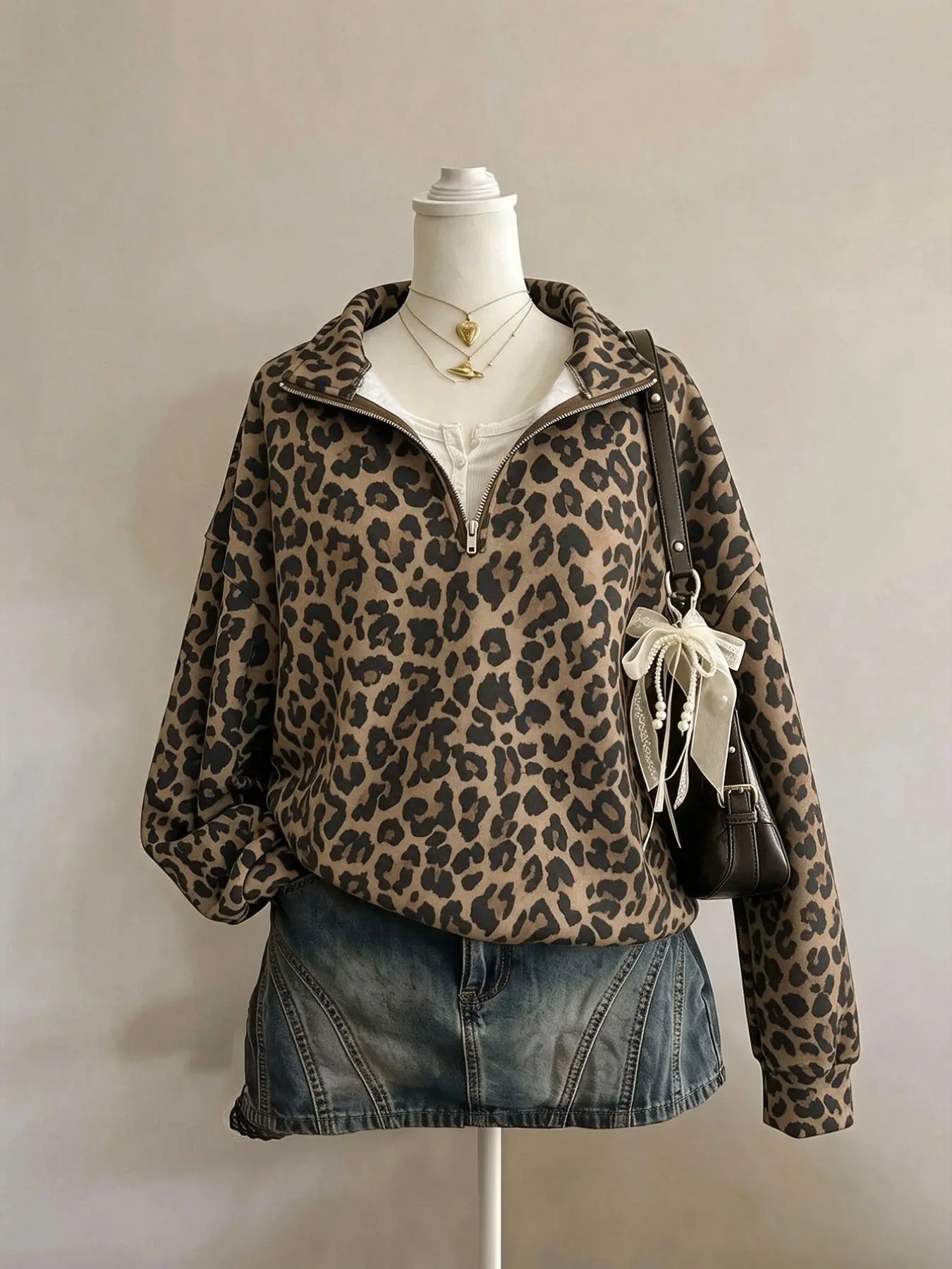 Women's Leopard Print Half-Zip Sweatshirt, Y2K Retro Style, Fall Casual Streetwear Going Out Holiday Wear