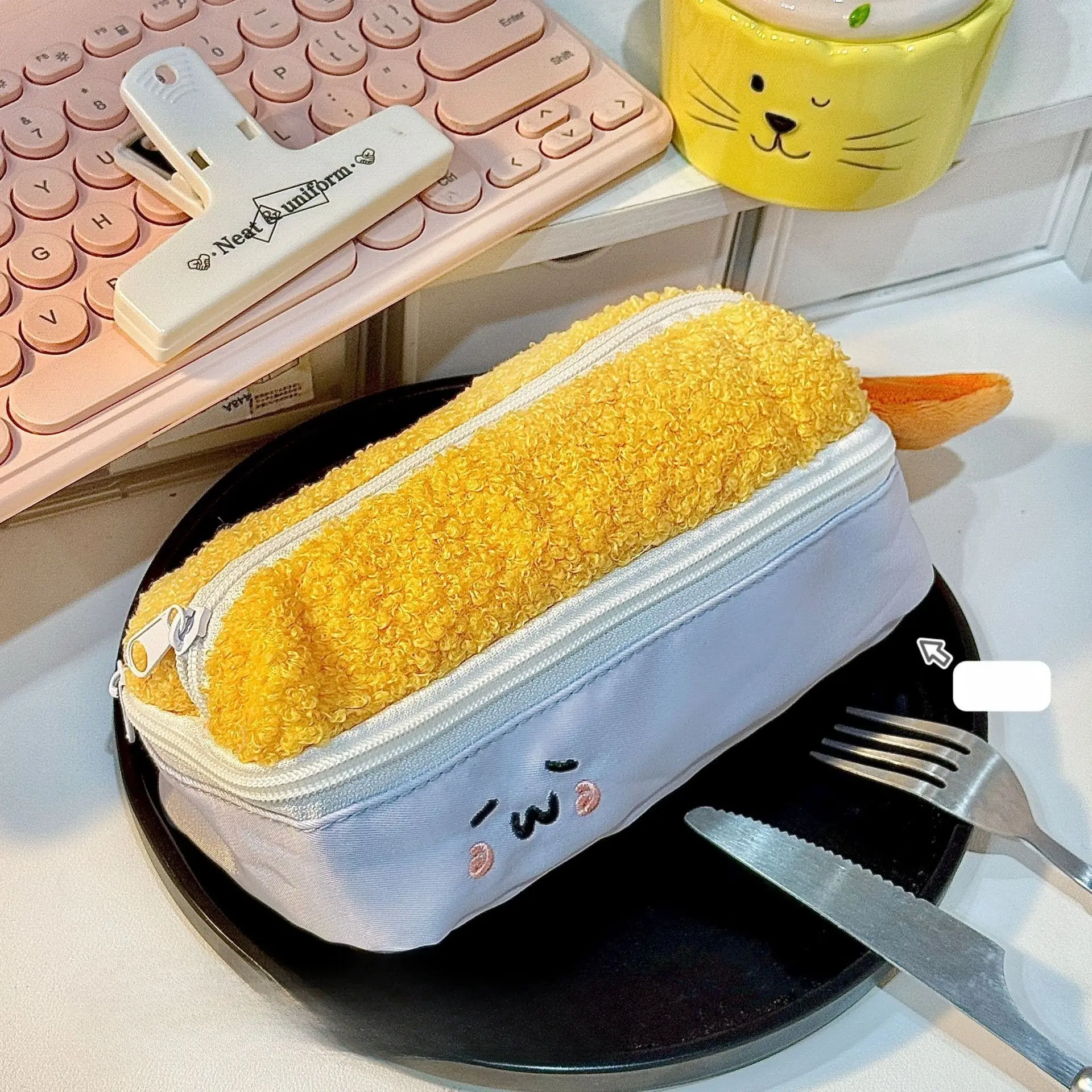 Cute fried shrimp pencil case, golden tempura pencil case, Japanese-style student storage bag, large-capacity double-layer pencil case, Stationery Supplies