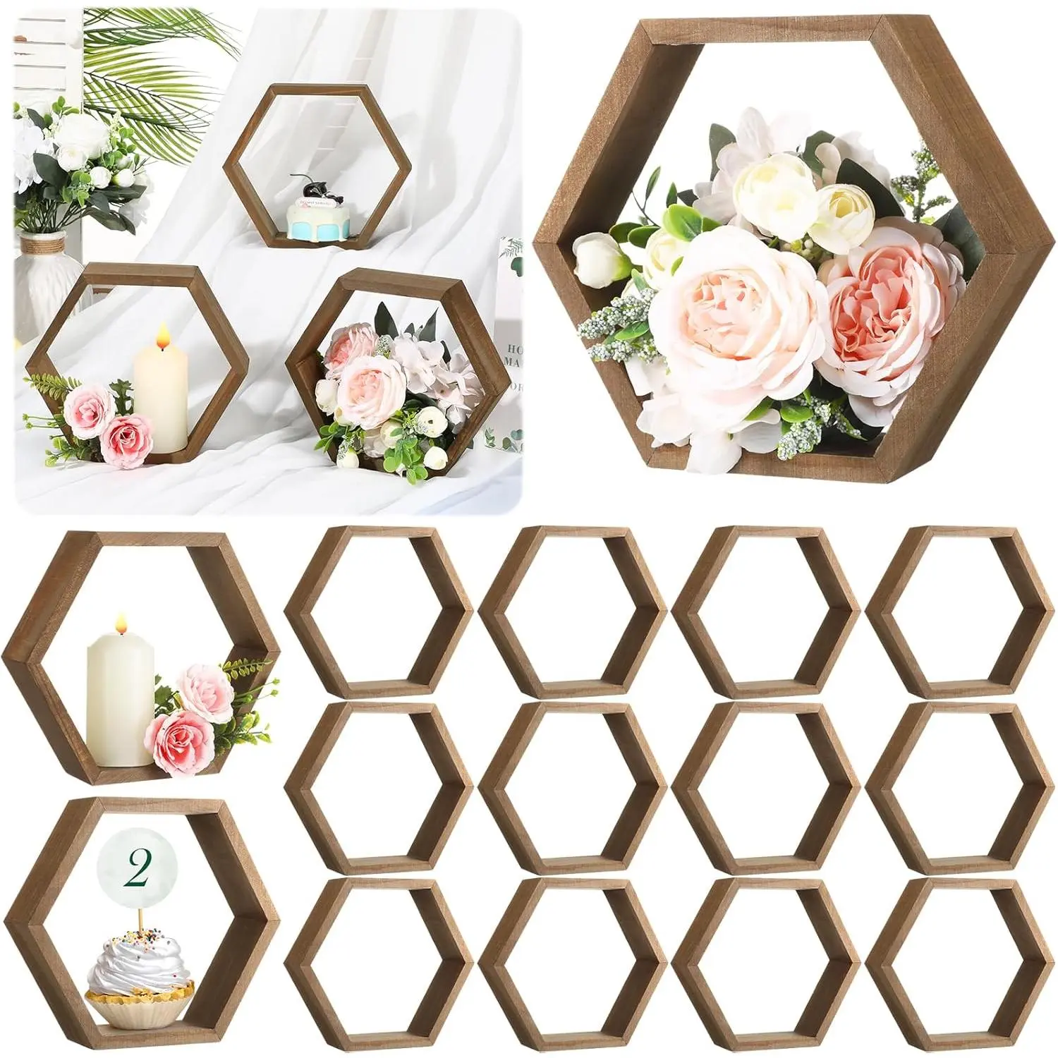 Barydat 12 Pcs 8 in Wooden Hexagonal Wall Floating Shelves, Honeycomb Geometric Decor for Wedding Table Centerpieces, Home Office Room Storage (Brown), Hexagonal Floating Shelves
