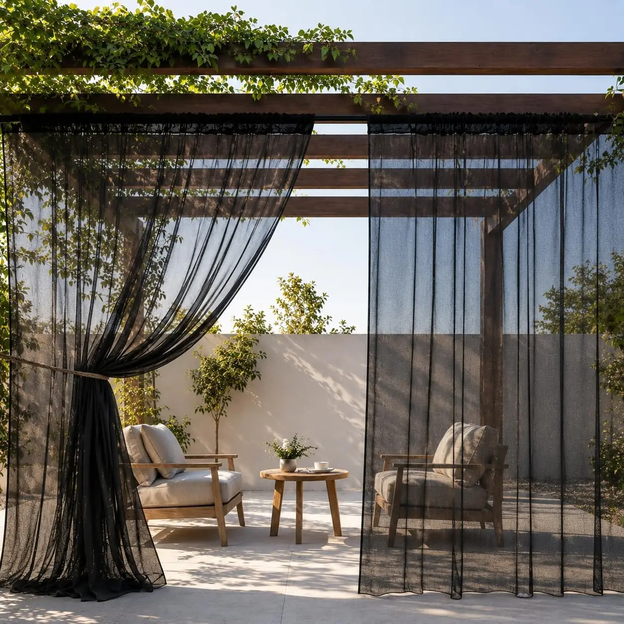 2 Panels Outdoor Sheer Curtains for Patio,  Mesh Net Voile Outside Curtains Rod Pocket Drapes for Porch, Pergola, Gazebo, Cabana, Balcony, W118 X L114 in Per Panel