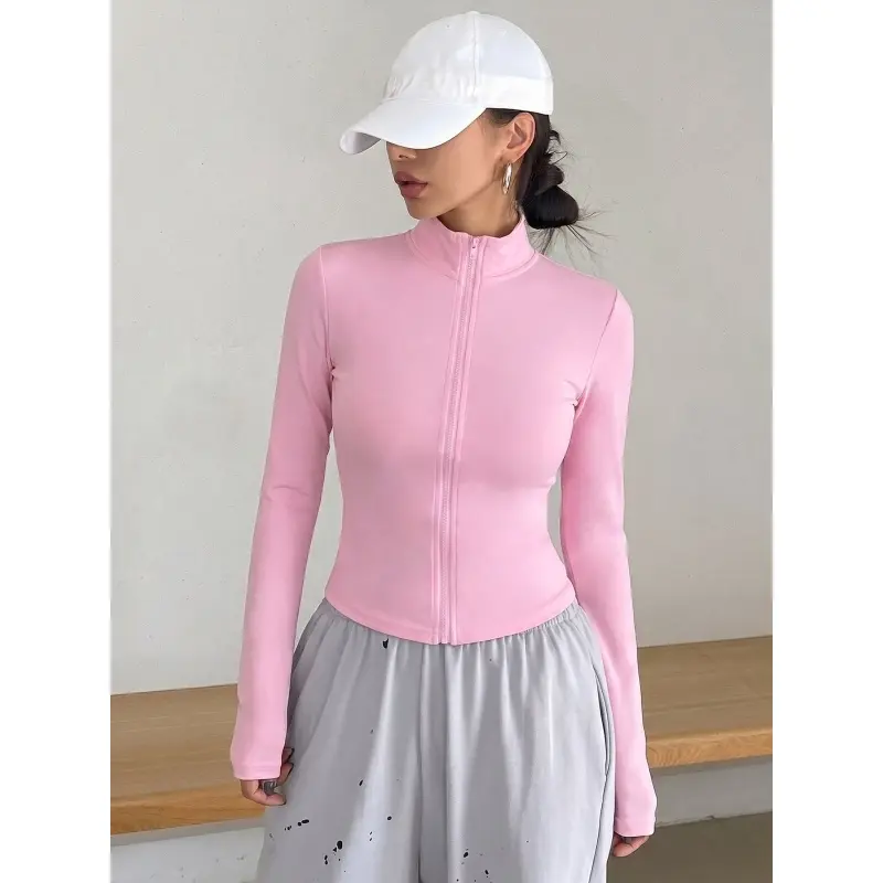 Women's Everyday Casual Fitted Zipper Knit Jacket Top, Solid Plain Pattern Long Sleeve Sun Protection Coat, All Season Wearable Outerwear