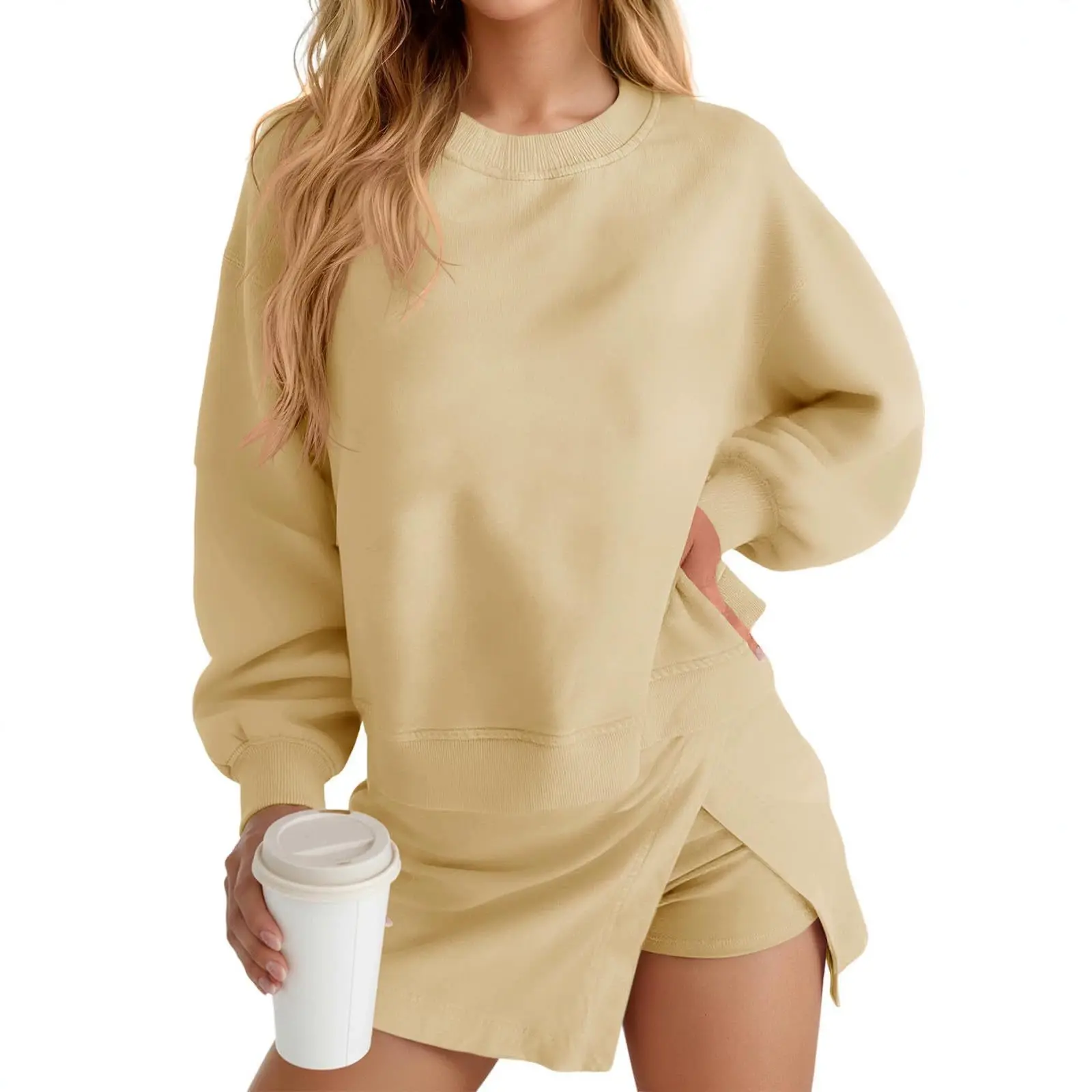 Womens Casual 2 Piece Outfit, Minimalist Crewneck Sweatshirt and High Waisted Split Skort, Everyday Aesthetic Lounge Set, Overall, Soft, Fashion