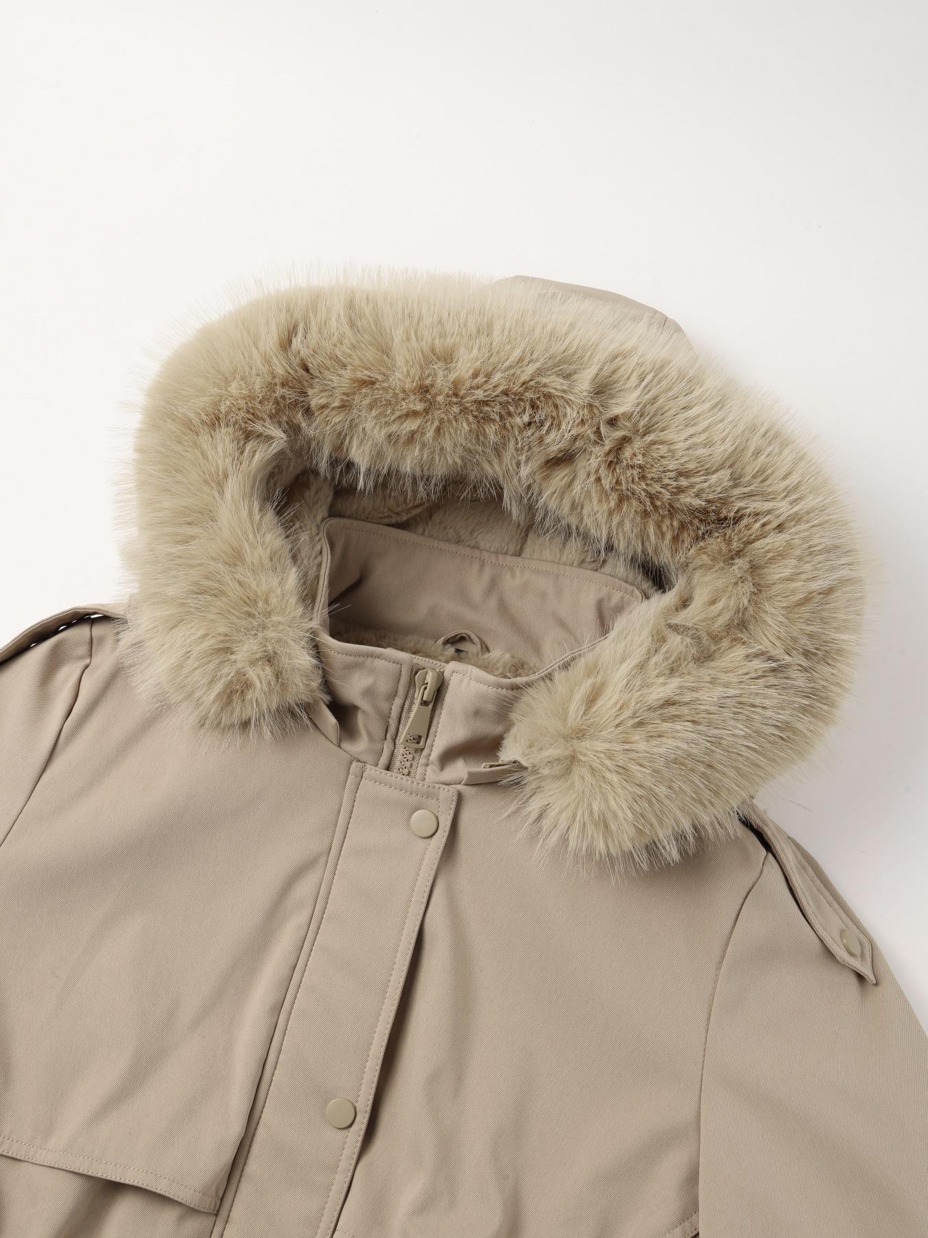 Women's Fall & Winter Faux Fur Hooded Coat, Long Drawstring Commuter Jacket, Casual Plain Design, Fitted Outerwear for Daily Wear