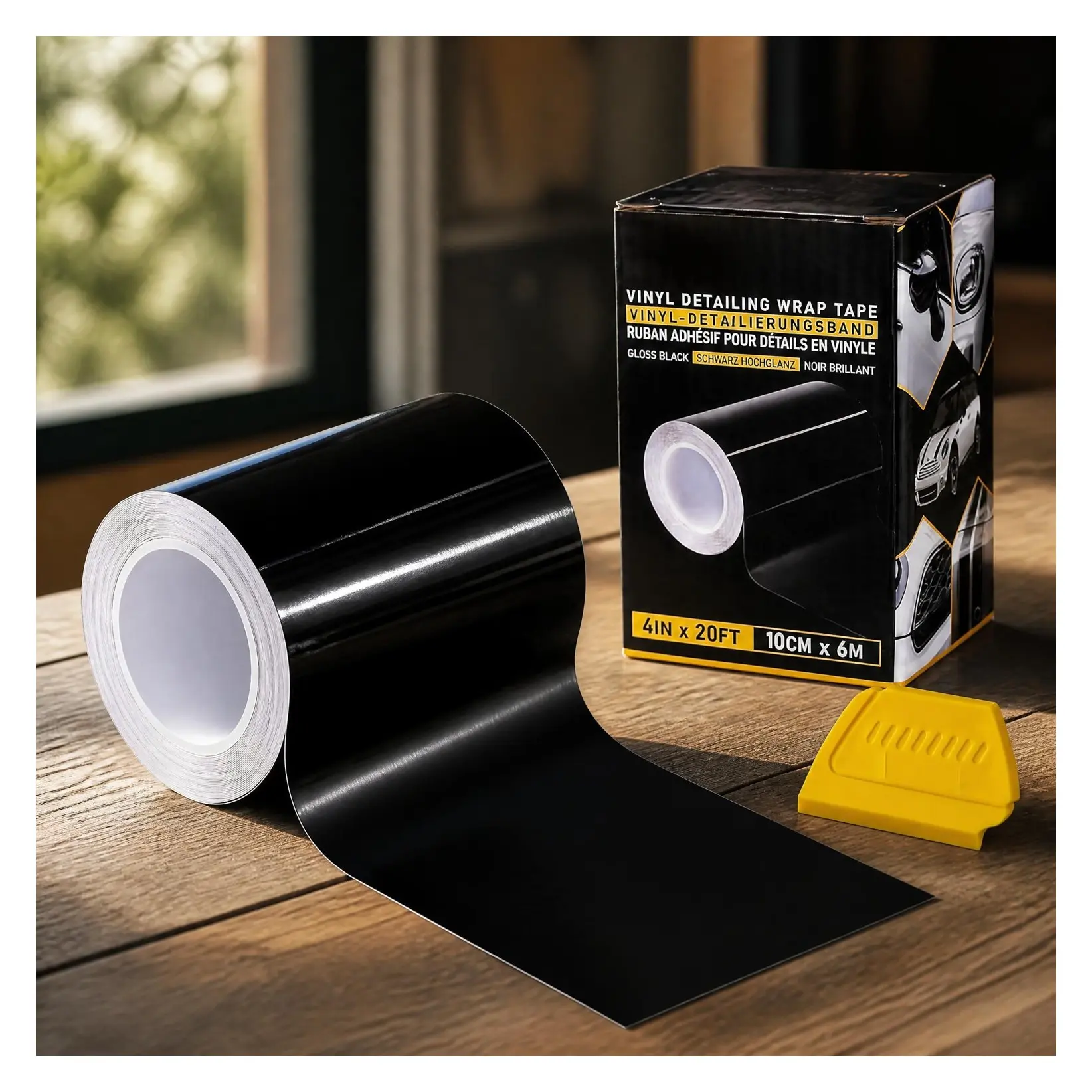 Gloss Black Vinyl Wrap 4 Inch x 20ft Air-Release Adhesive Car Vinyl Film Chrome Delete Roll DIY Exterior Trim Door Edge Guard Vehicle Detailing 10CM x 6MGift